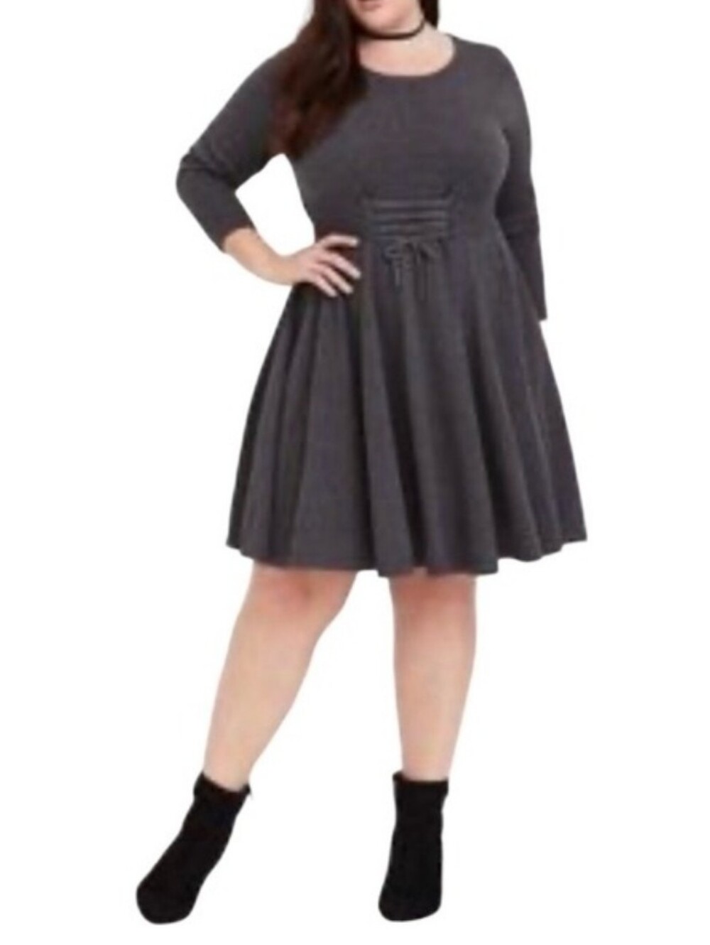 TORRID Charcoal Gray Lace Up Waist Long Sleeve Sweater Skater Dress Plus Size 2